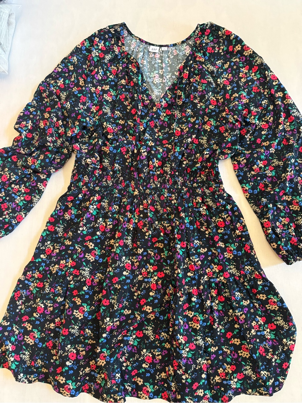 GAP Black Floral Long Sleeve Smocked Waist Dress